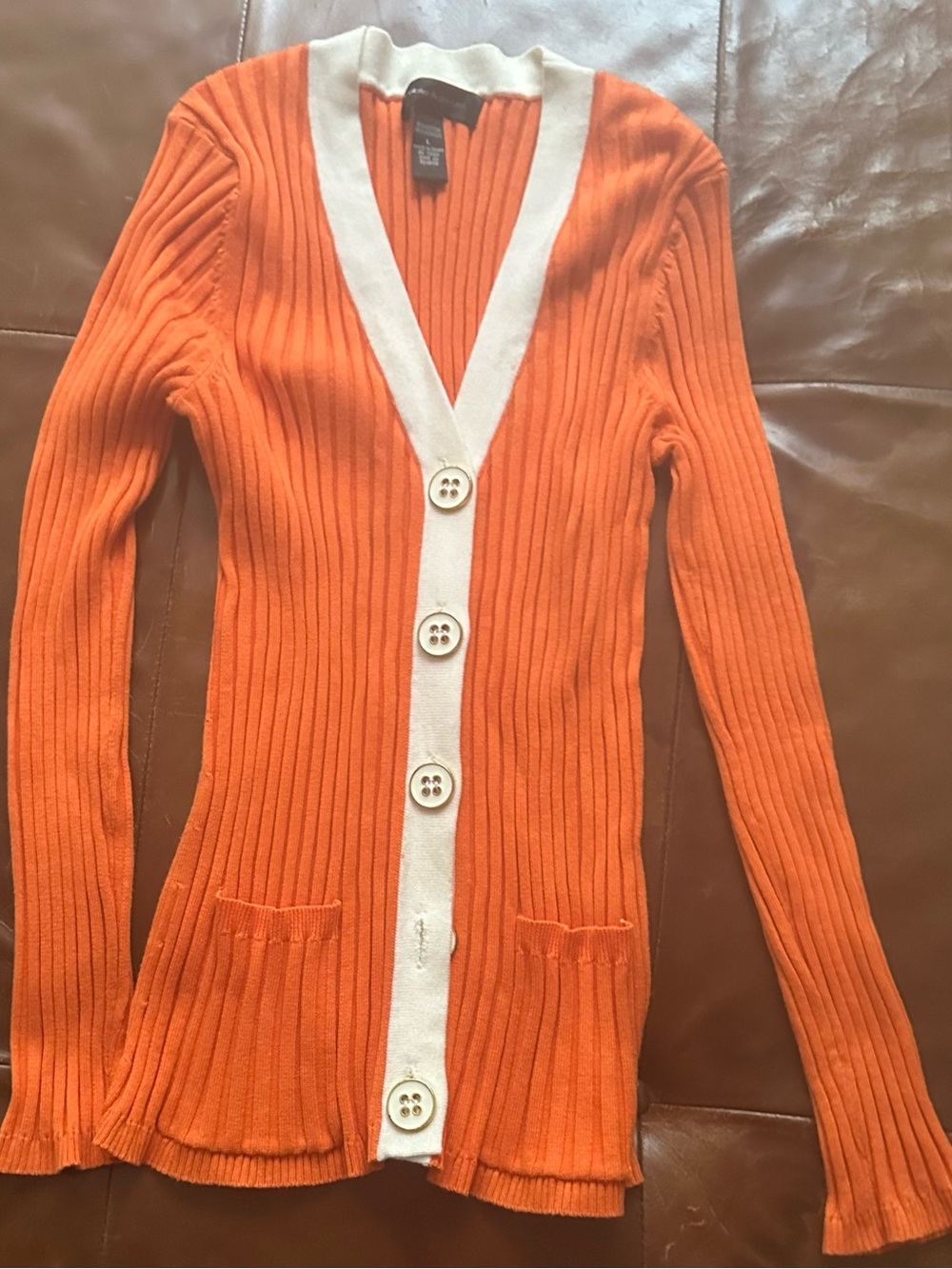 Cable & Gauge Orange Ribbed Cardigan with Cream Trim